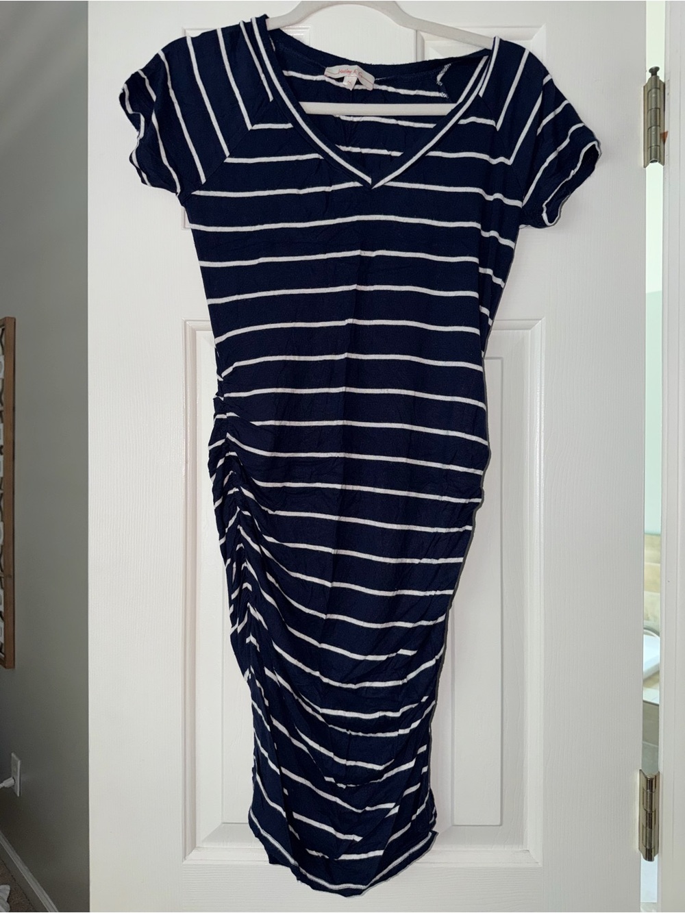 Pinkblush Maternity Navy & White Striped V-Neck Ruched Side Dress